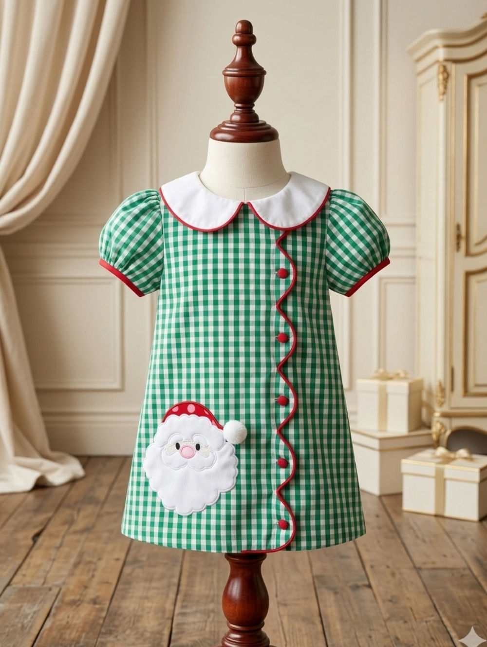 Three Sisters Sz 2T Green & White Gingham Santa Appliqué Dress